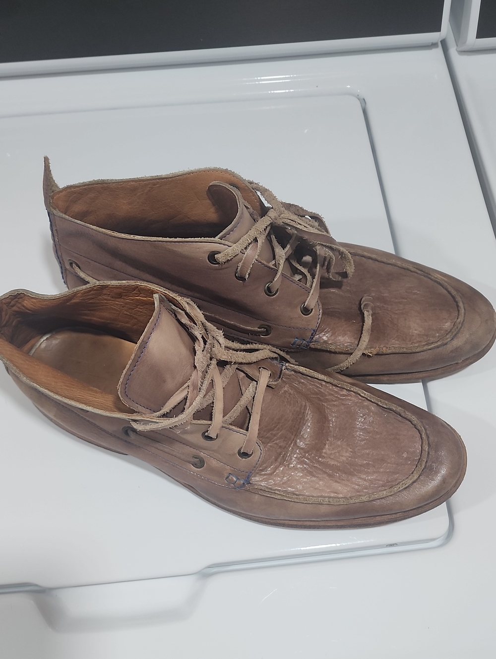 Bed Stu chukka boots distressed taupe leather and unique blue contrast Stitching